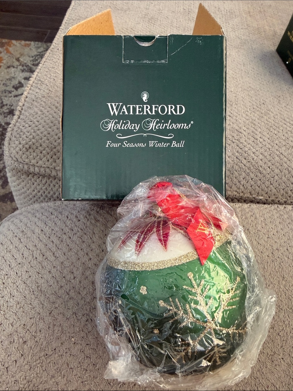 Waterford Green and Red Holiday Ball Ornament with Gold Accents